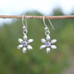 Petites boucles fleurs en argent et pierre Améthyste