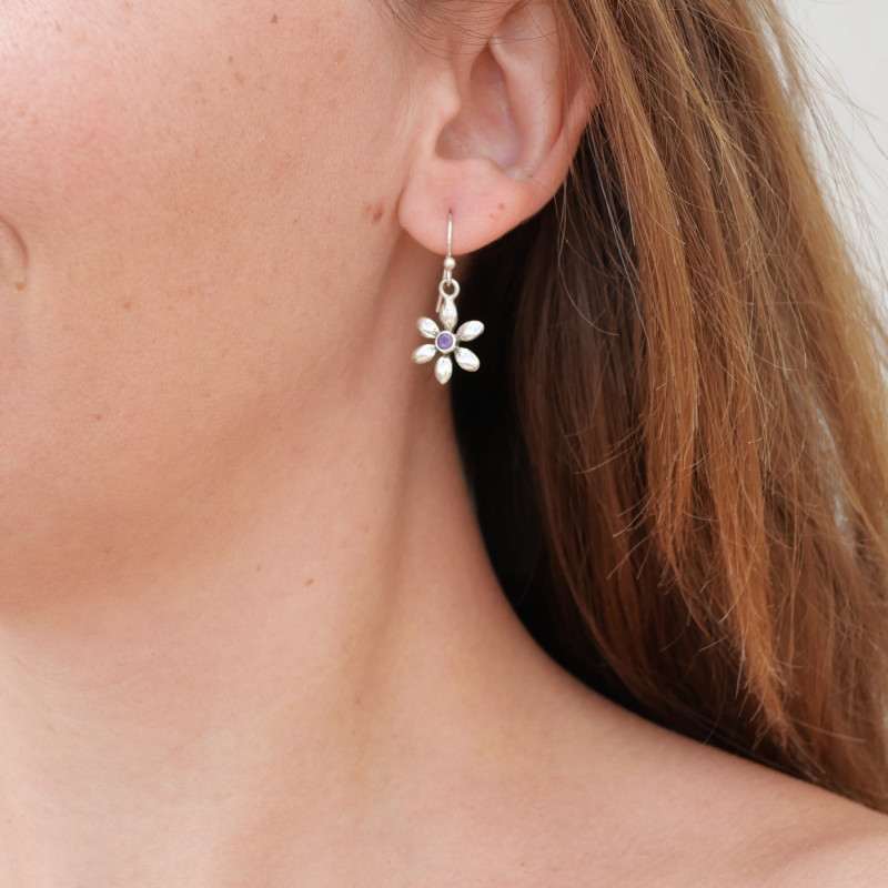 Petites boucles fleurs en argent et pierre Améthyste