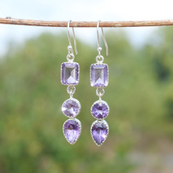 Longues boucles 3 pierres en Améthyste et argent 925