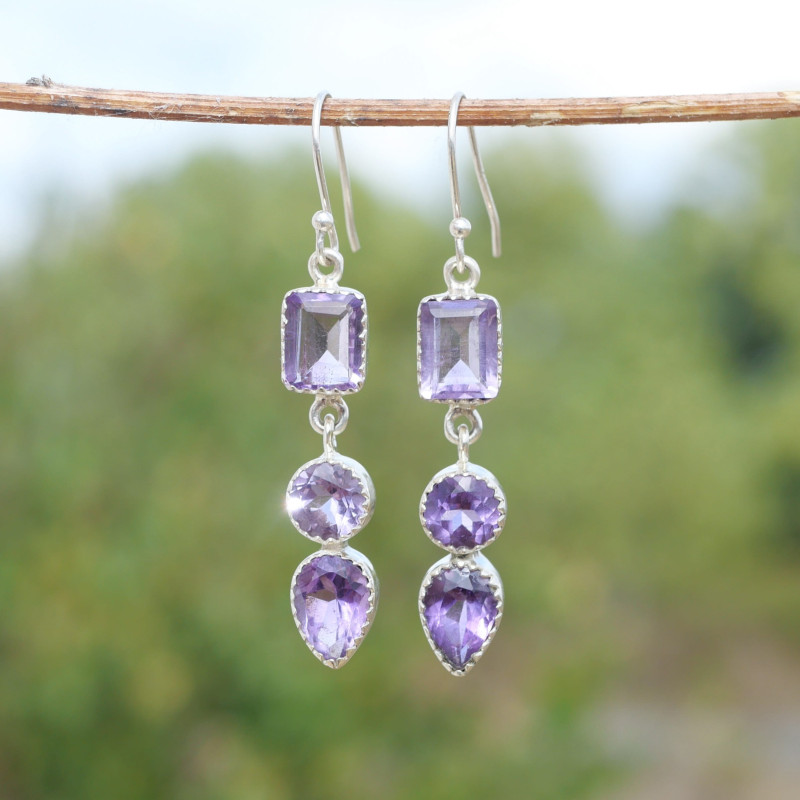 Longues boucles 3 pierres en Améthyste et argent 925