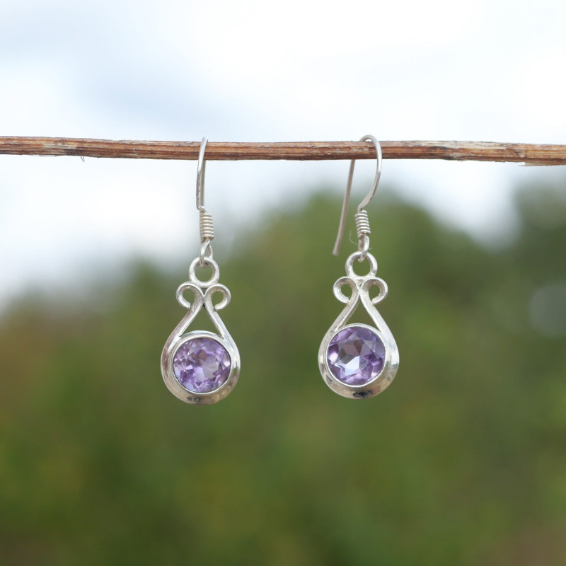 Petites boucles pierre ronde Améthyste et argent