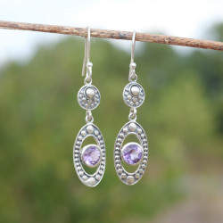 Boucles ajourée en argent ciselé et Améthyste ronde