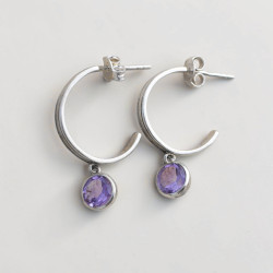 Boucles rondes clous argent et pierre Améthyste