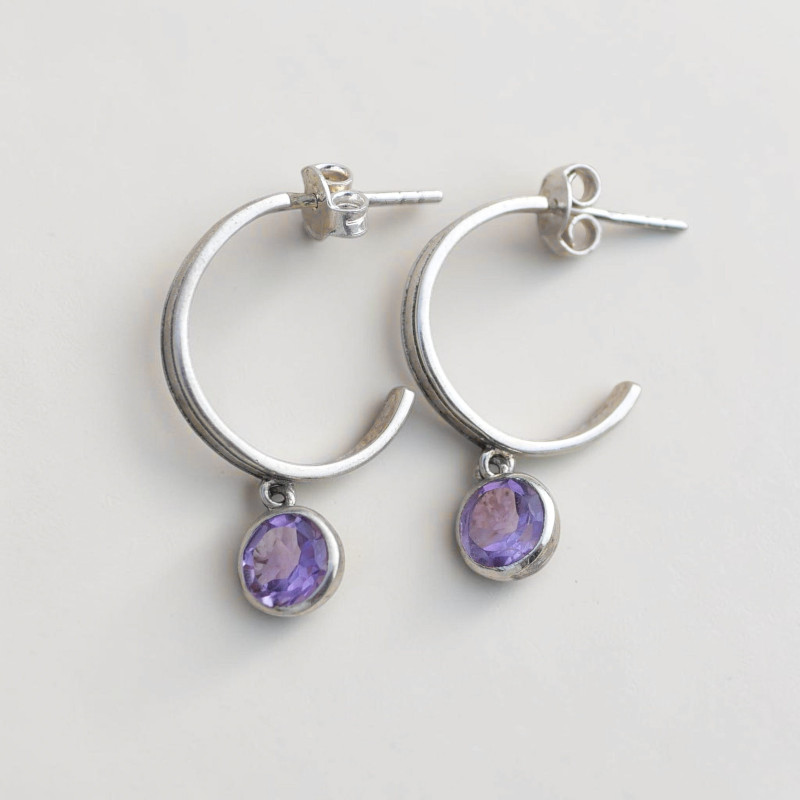 Boucles rondes clous argent et pierre Améthyste