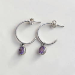 Boucles rondes clous argent et pierre Améthyste