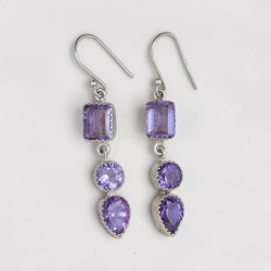Boucles d'oreilles en argent et 3 pierres facettée Améthyste
