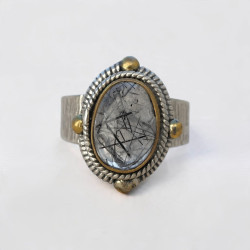 Bague argent travaillé et laiton & pierre ovale Quartz tourmaline T62