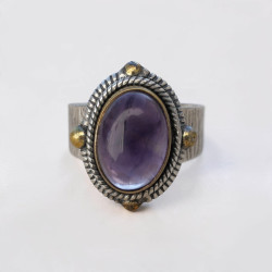 Bague argent travaillé et laiton & pierre ovale Améthyste T57
