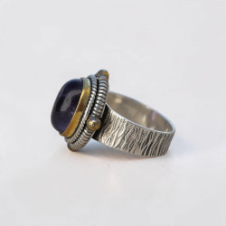 Bague argent travaillé et laiton & pierre ovale Améthyste T57