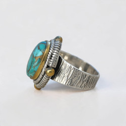 Bague argent travaillé et laiton & pierre ovale Turquoise mohave T51