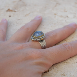 Bague argent travaillé et laiton & pierre ovale Turquoise mohave T51