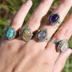 Bague argent travaillé et laiton & pierre ovale Turquoise mohave T51