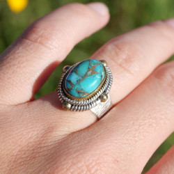 Bague argent travaillé et laiton & pierre ovale Turquoise mohave T51