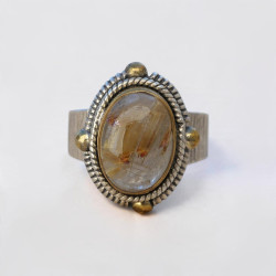 Bague argent travaillé et laiton & pierre ovale Quartz rutile T58
