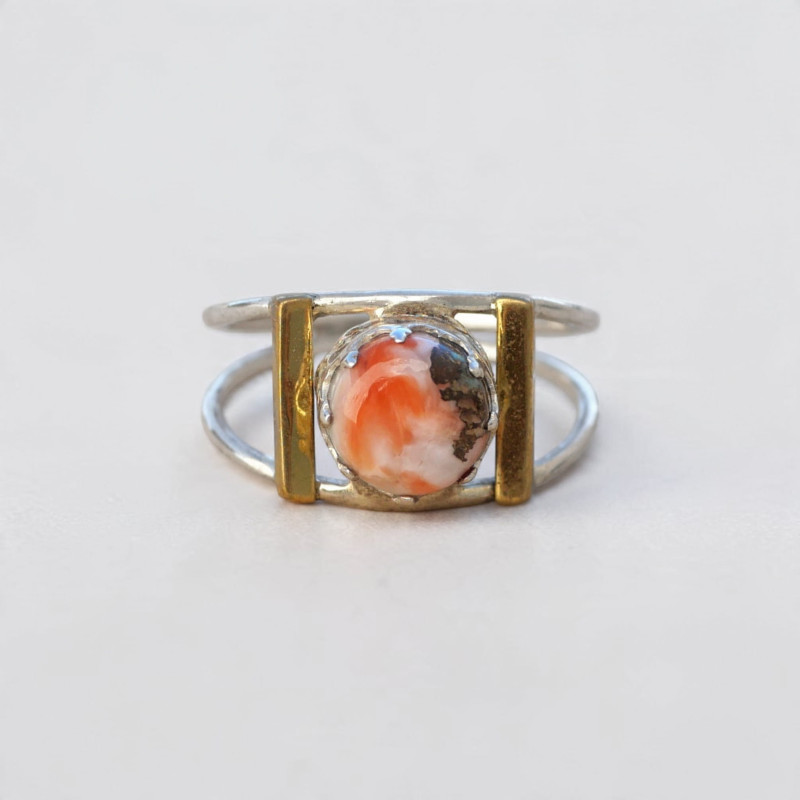Bague Turquoise oyster ajourée argent et laiton T56