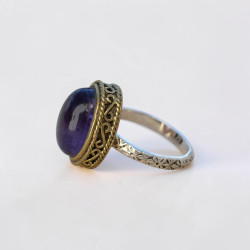 Bague romantique argent et laiton & pierre Améthyste T59