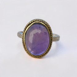 Bague romantique argent et laiton & pierre Améthyste T59