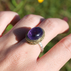Bague romantique argent et laiton & pierre Améthyste T59