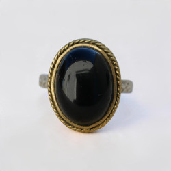 Bague romantique argent et laiton & pierre Onyx noir T54