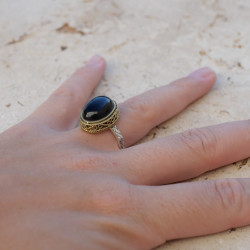Bague romantique argent et laiton & pierre Onyx noir T54