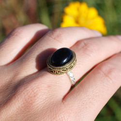 Bague romantique argent et laiton & pierre Onyx noir T54