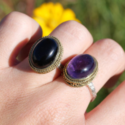 Bague romantique argent et laiton & pierre Onyx noir T54