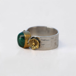 Anneaux argent martelé Malachite et fleurs laiton T54