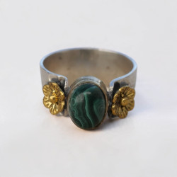 Anneaux argent martelé Malachite et fleurs laiton T54