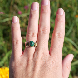Anneaux argent martelé Malachite et fleurs laiton T54