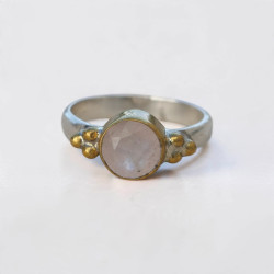 Bague fine argent et laiton & Quartz rose T57