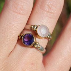 Bague fine argent et laiton & Quartz rose T57