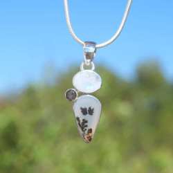 Pendentif argent 3 pierres Agate dendrite, Pierre de lune et Quartz fumé