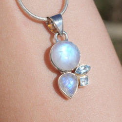Pendentif argent et 4 pierres Pierre de lune et Topaze bleue
