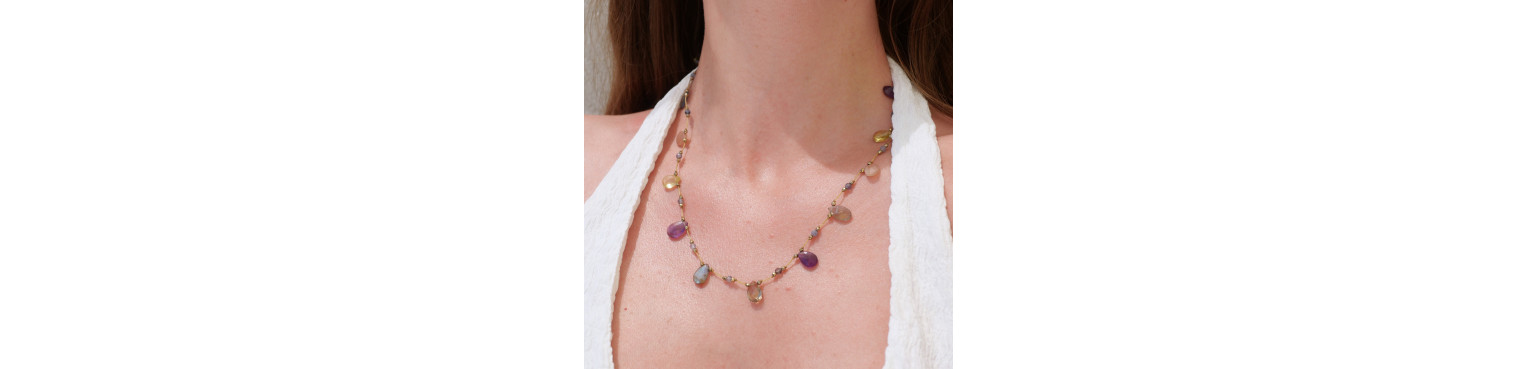 Colliers fil de coton et pierres naturelles - Colliers ajustables